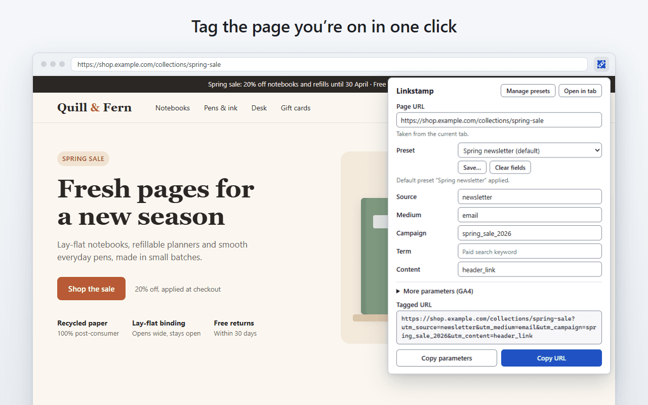 Tag the page you're on in one click. The Linkstamp popup open over a shop's spring-sale page: the page address is filled in from the tab, the default preset has filled in Source, Medium, Campaign and Content, and the tagged URL is shown above the Copy parameters and Copy URL buttons.