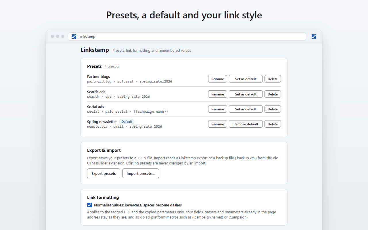 Presets, a default and your link style. The Linkstamp options page: four presets with Rename, Set as default and Delete buttons, one marked Default, the Export and import panel, and the Link formatting option switched on.