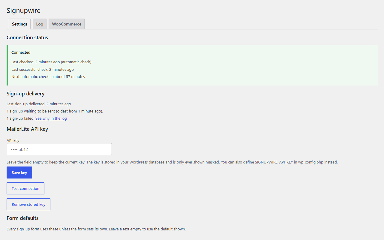Signupwire's settings screen in WordPress: a green Connected panel with the time of the last check and the next one, then when the last sign-up was delivered, one waiting to be sent and one failed with a link to the log, and the MailerLite API key shown masked above the Save key, Test connection and Remove stored key buttons.