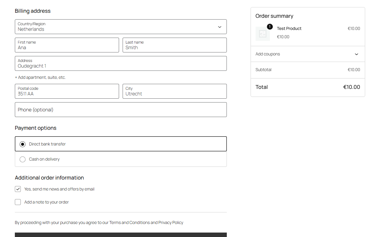 A WooCommerce checkout with a billing address, payment options and an order summary. Under Additional order information is a box the customer has ticked, reading Yes, send me news and offers by email.
